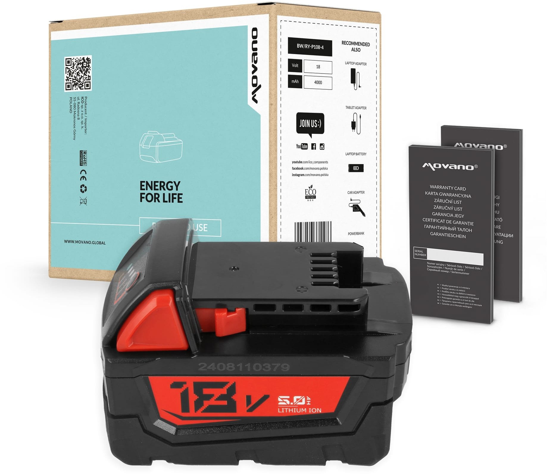 Bateria Movano do Milwaukee M18 (5000 mAh)