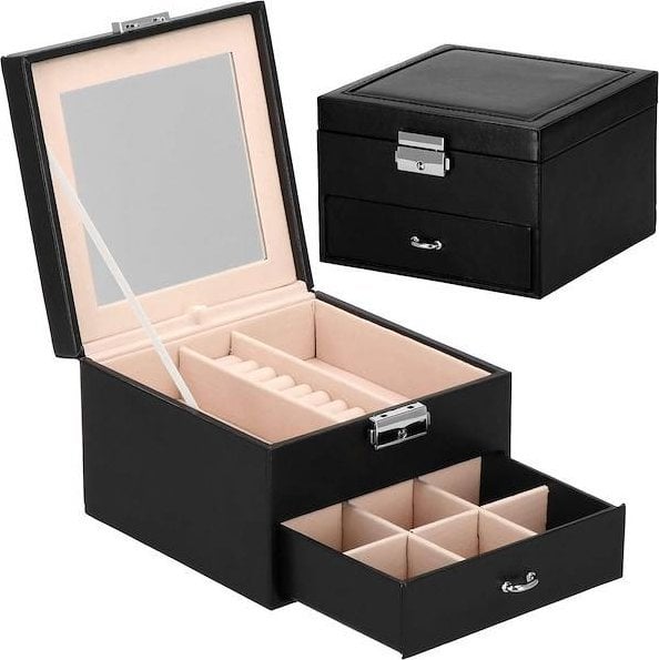 Springos Szkatułka na biżuterię ekoskóra 16x16x11 cm czarny organizer z przegródkami i lusterkiem UNIWERSALNY