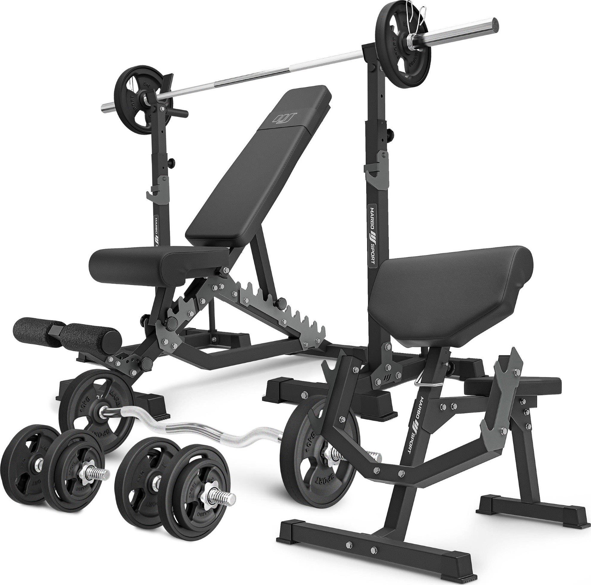 Zestaw MS33_2.0_83KG_G | Ławka dwustronna + wielopoziomowe stojaki (2 sztuki) pod sztangę z asekuracją + Ławka Scotta (modlitewnik) z regulacją podpar