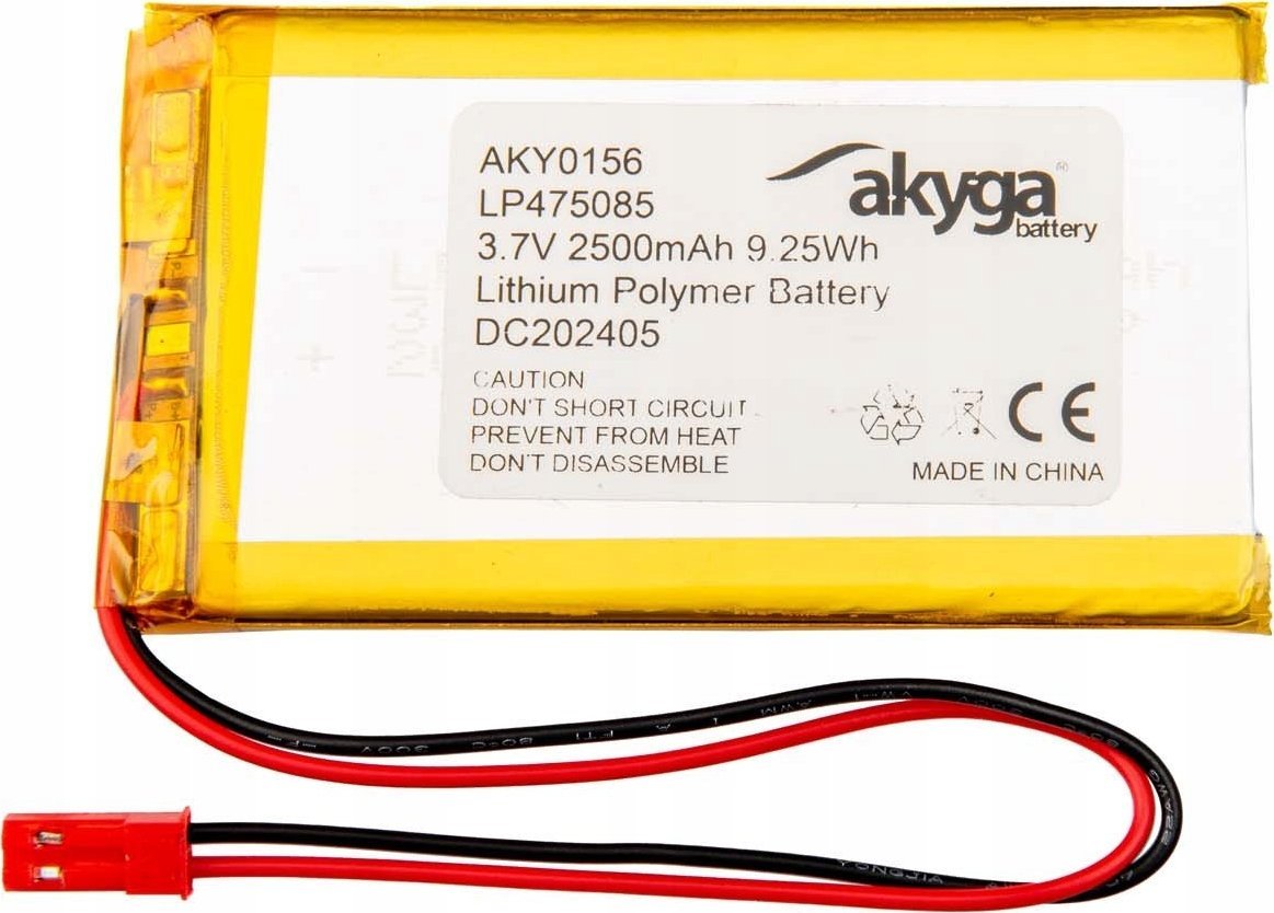 Akumulator Li-Po LP475085 Akyga AKY0156 3.7V / 2500mAh PCM złącze JST 2-Pin 150mm