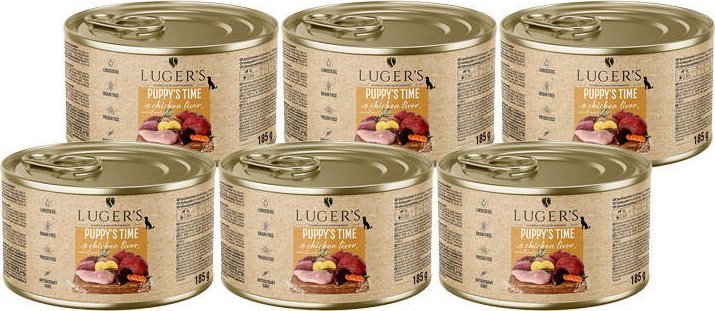 Karma mokra dla psa szczeniaka Luger's Puppy's Time z wątróbką z kurczaka, marchewką i ziemniakiem zestaw 6 x 185 g