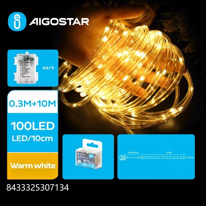 Lampki choinkowe Aigostar Wężyk led 5mm 10mb sznur 100 led na baterie białe ciepłe 8 funkcji Wężyk led 5mm 10mb sznur 100 led na baterie białe ciepłe