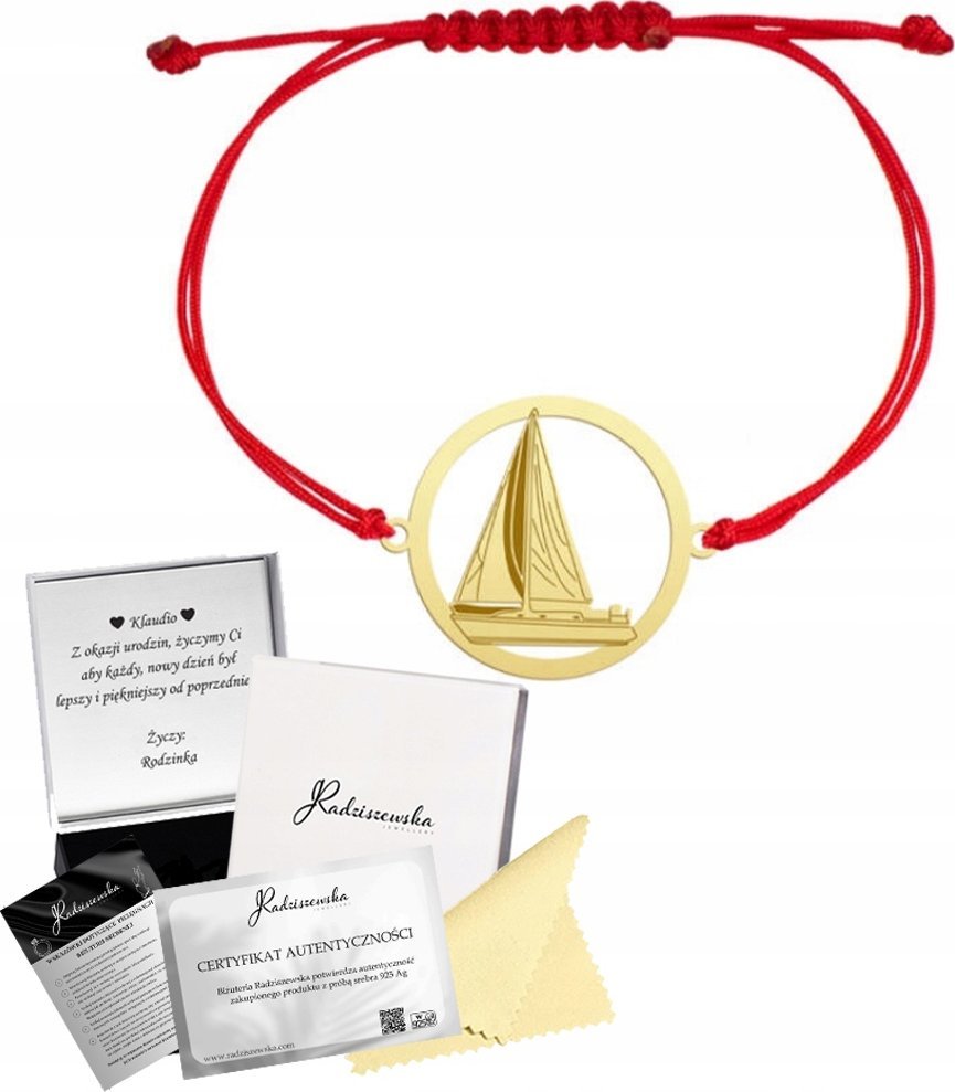 Radziszewska Jewellery Bransoletka Złota Żaglówka Żeglarstwo 925 Prezent Biżuteria Sznurek GRAWER