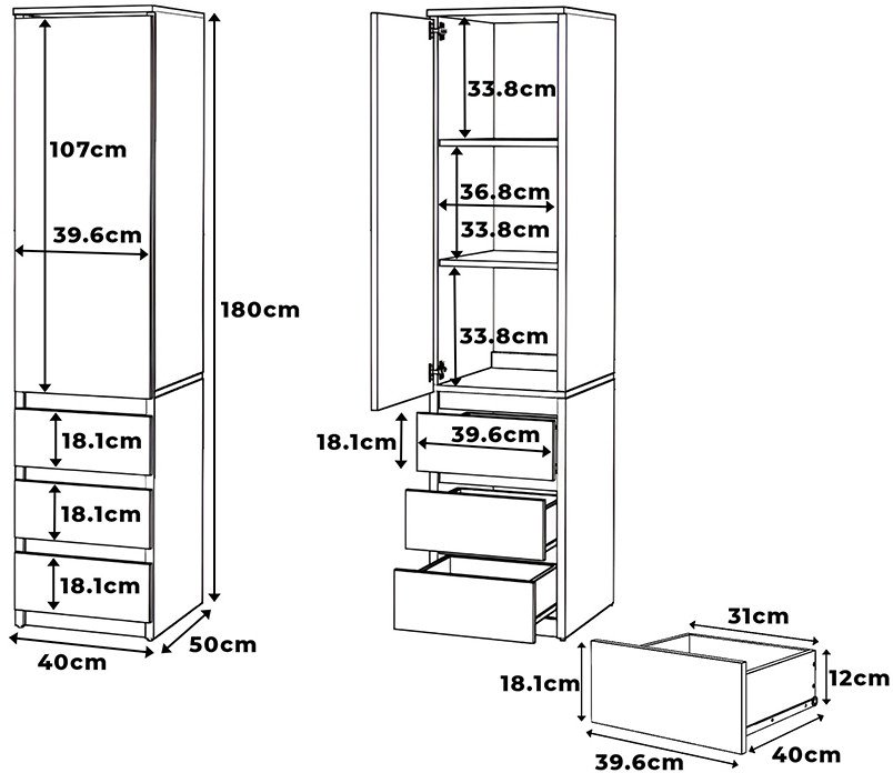 Szafa nowoczesna do przedpokoju sypialni wąska 3 szuflady 40cm dąb wotan