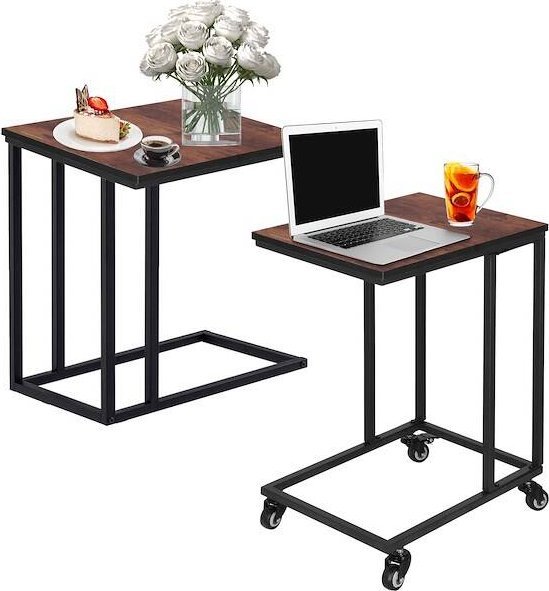 Springos Stoliki kawowe, loftowe zestaw 2 szt. stolik boczny z kółkami, stolik pomocniczny czarno-brązowe UNIWERSALNY