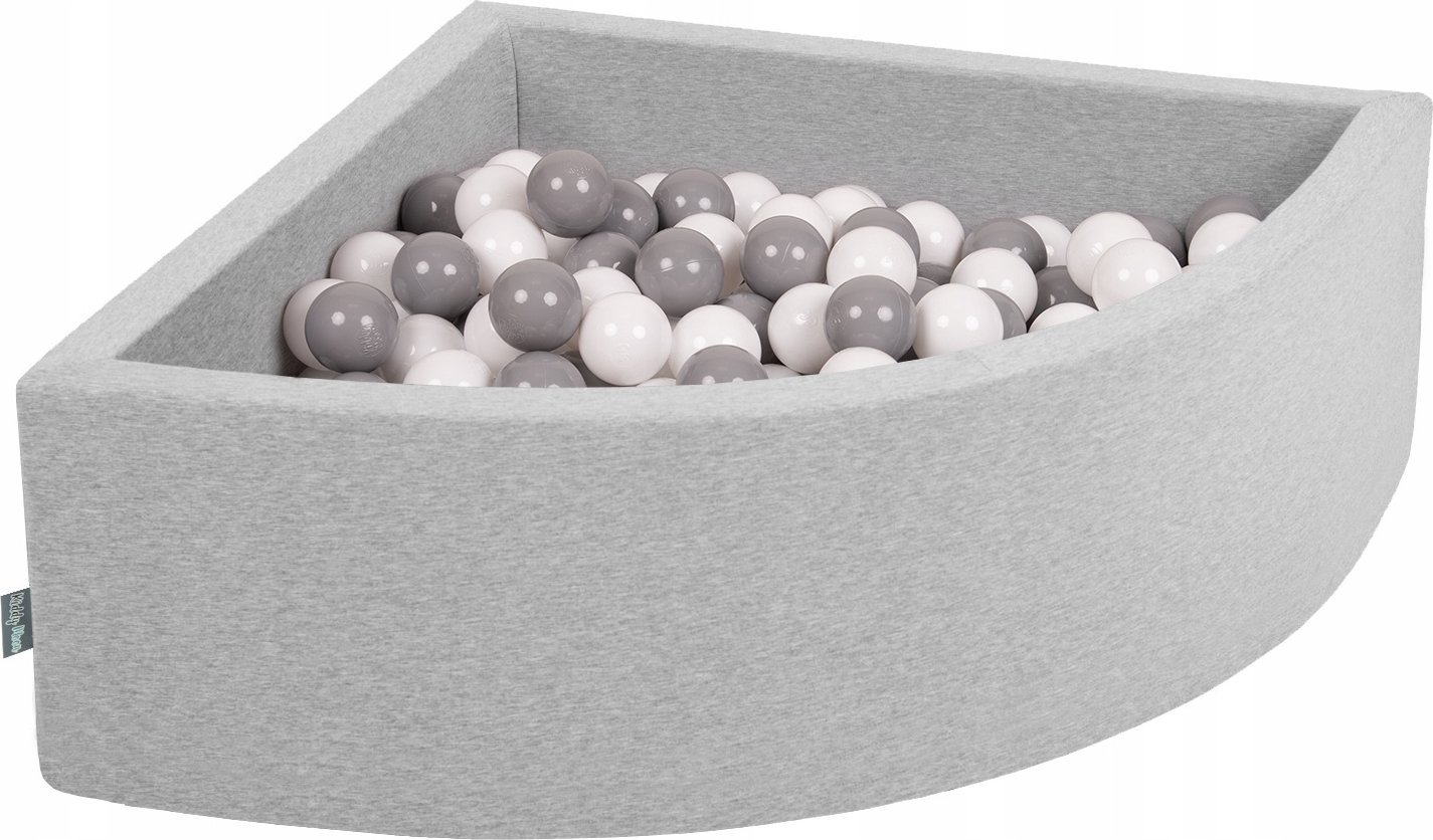 KiddyMoon Suchy basen trójkątny z piłeczkami 7cm jasnoszary: biały-szary 90x30cm/300piłek Zabawka basen piankowy