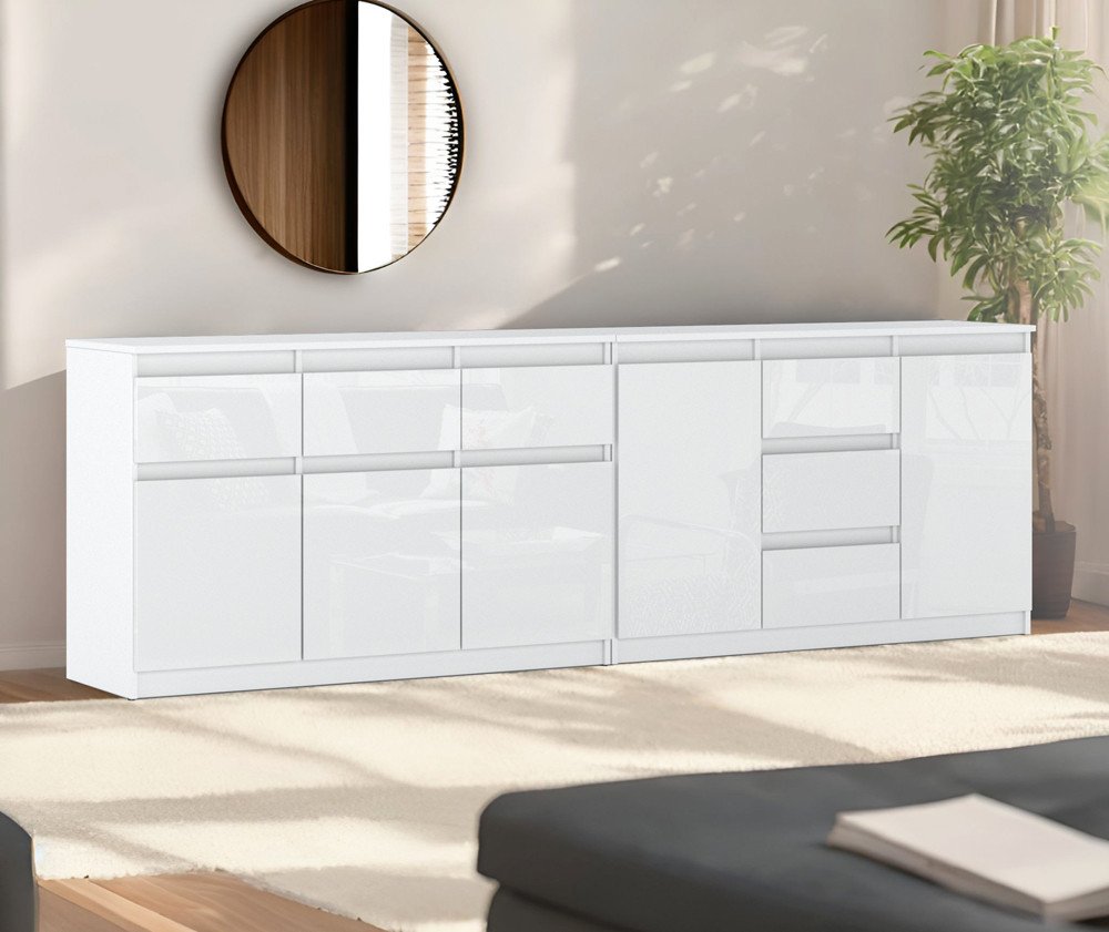 Komoda 240cm Duża Szafka Glamour Biały Połysk 6 Szuflad Nowoczesna Salon