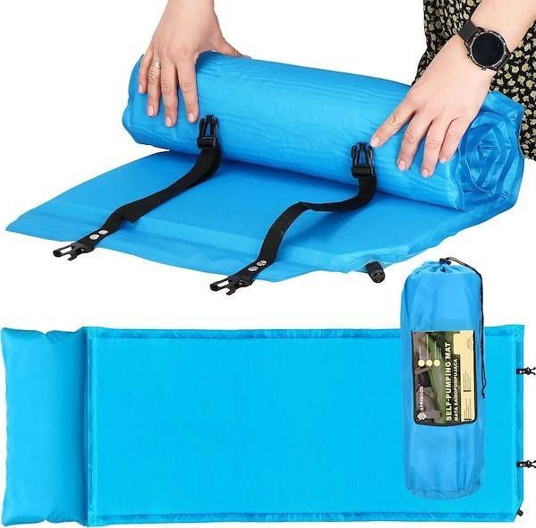Springos Mata samopompująca 186 cm z poduszką mata turystyczna biwakowa z pokrowcem niebieska UNIWERSALNY