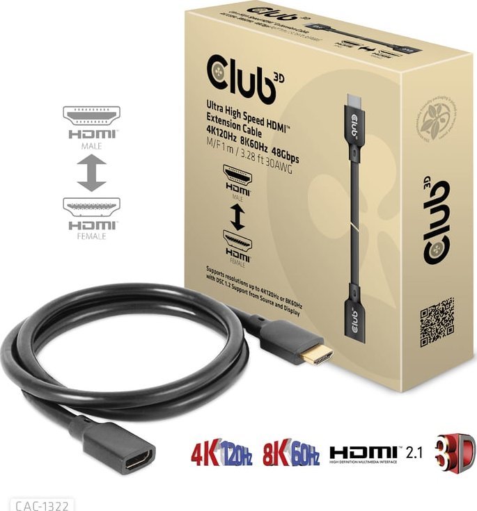 Kabel Club 3D Club3D prodlužovací HDMI kabel, 4K120Hz, 8K60Hz, 48Gbps, M/F, 1m