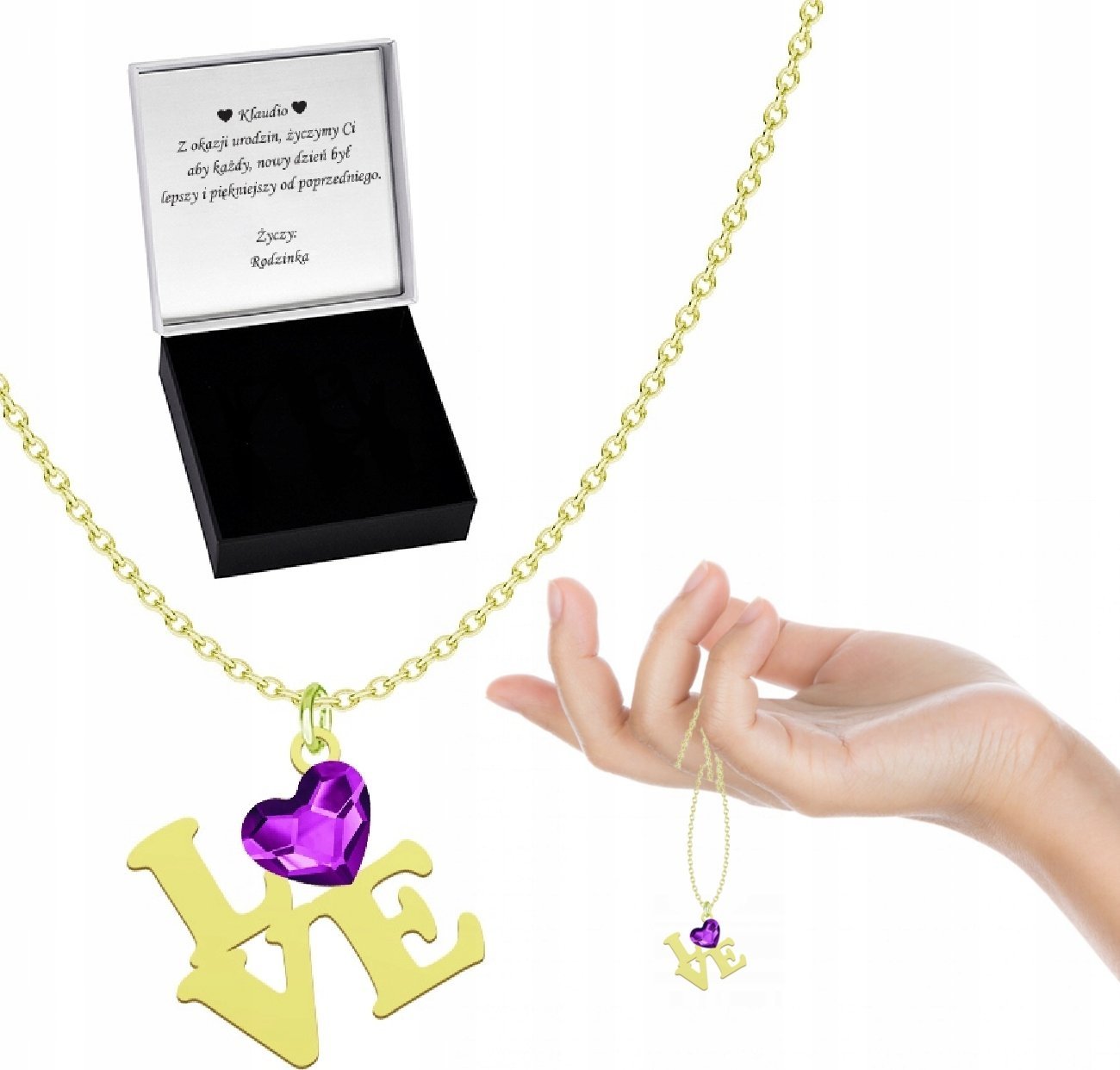 Radziszewska Jewellery Naszyjnik Złoty Love Serce Kryształ Prezent Dzień Kobiet 925 DEDYKACJA