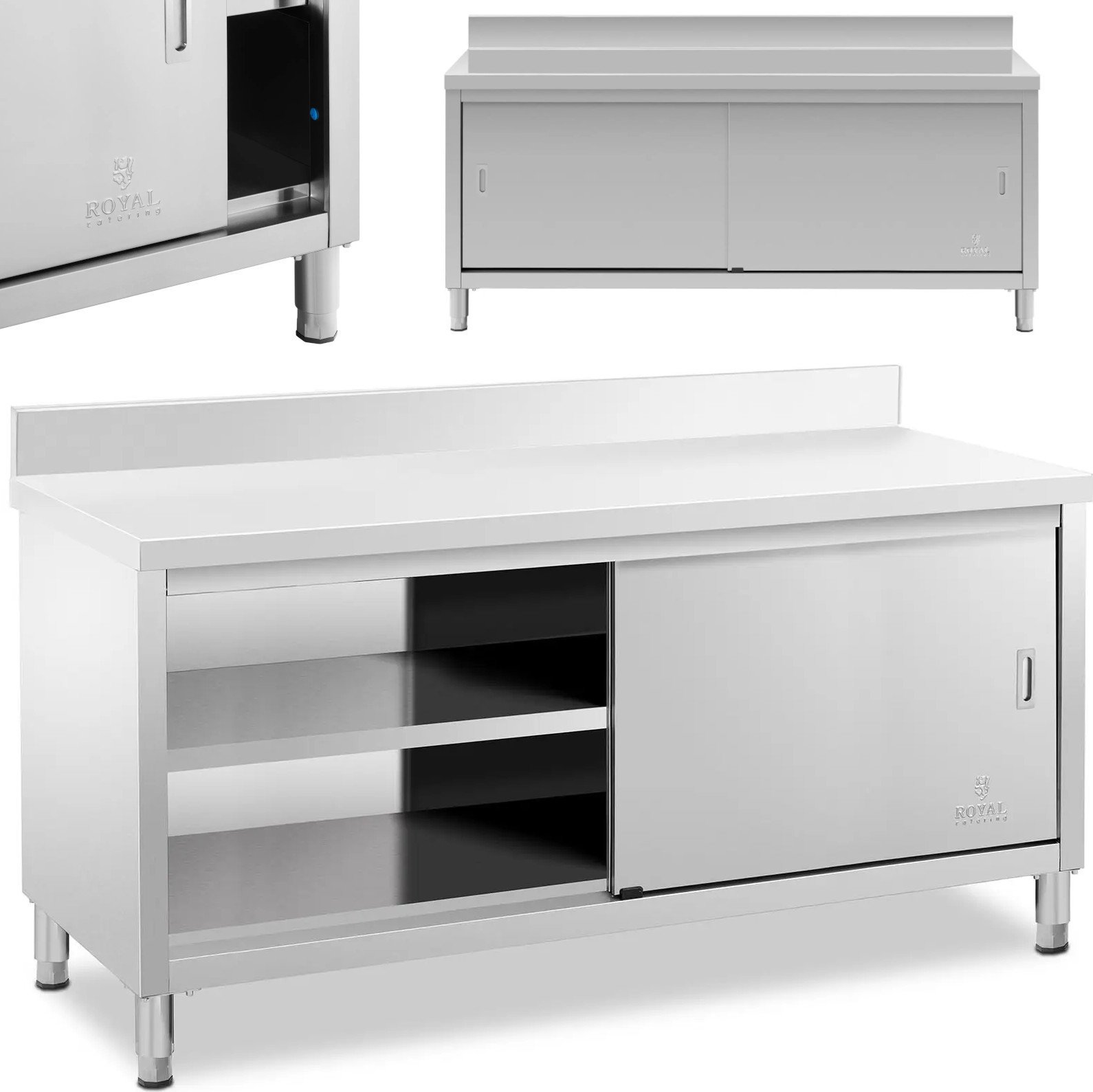 Royal Catering Stół blat roboczy przyścienny z szafką i rantem drzwi suwane 180 x 60 cm Stół blat roboczy przyścienny z szafką i rantem drzwi suwane 1
