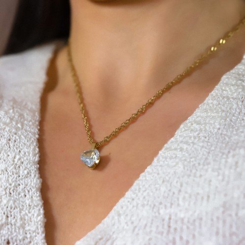 OTIEN Naszyjnik złoty zawieszka kryształowe serce ze stali chirurgicznej