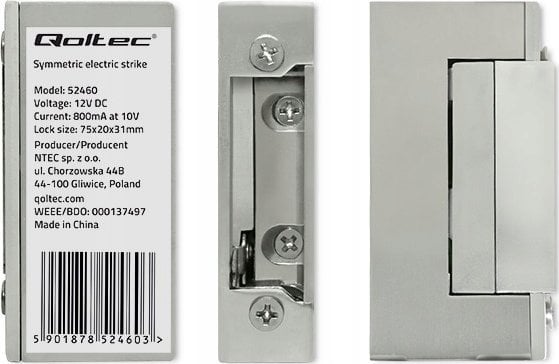 Qoltec Elektrozaczep Qoltec symetryczny bez pamięci i blokady | 12V | Stal nierdzewna