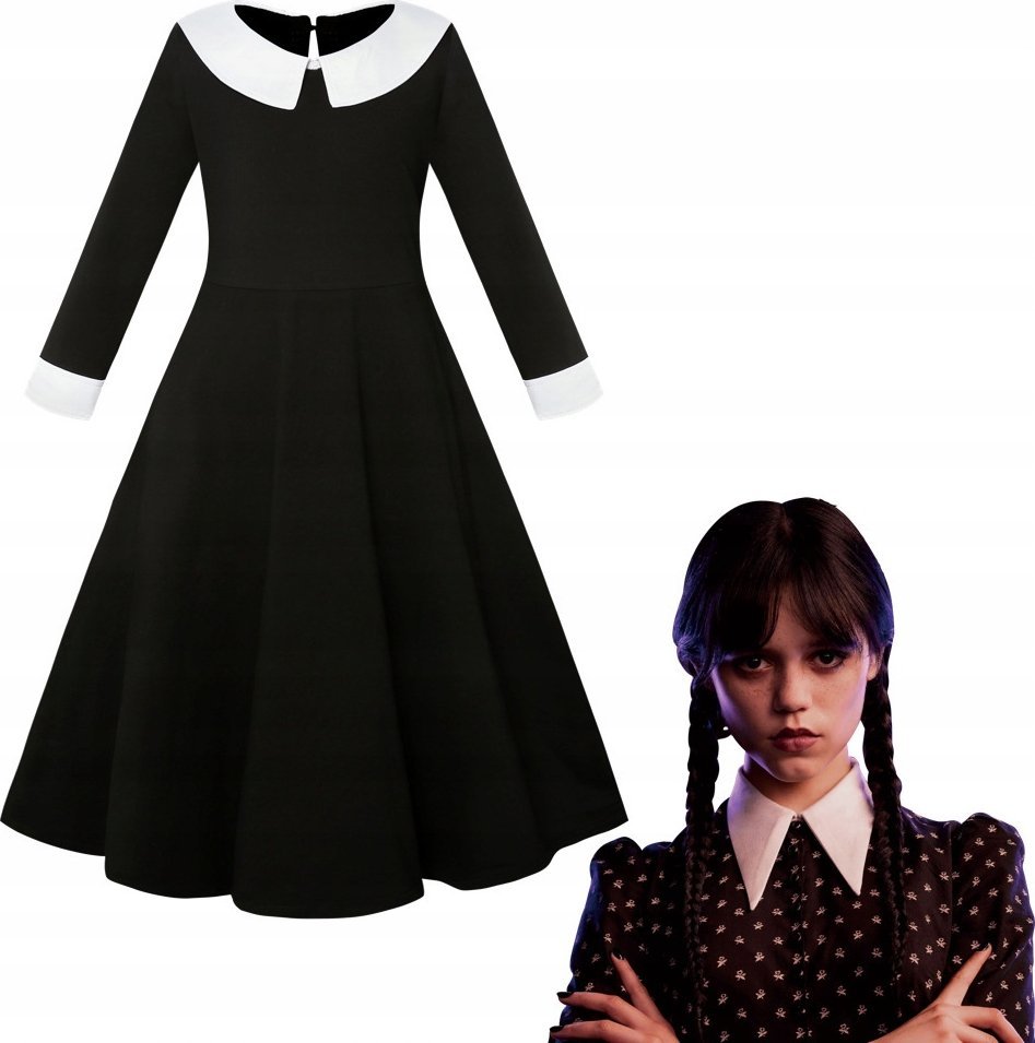 CZARNA SUKIENKA WEDNESDAY ADDAMS PRZEBRANIE HALLOWEEN STRÓJ KARNAWAŁOWY 130
