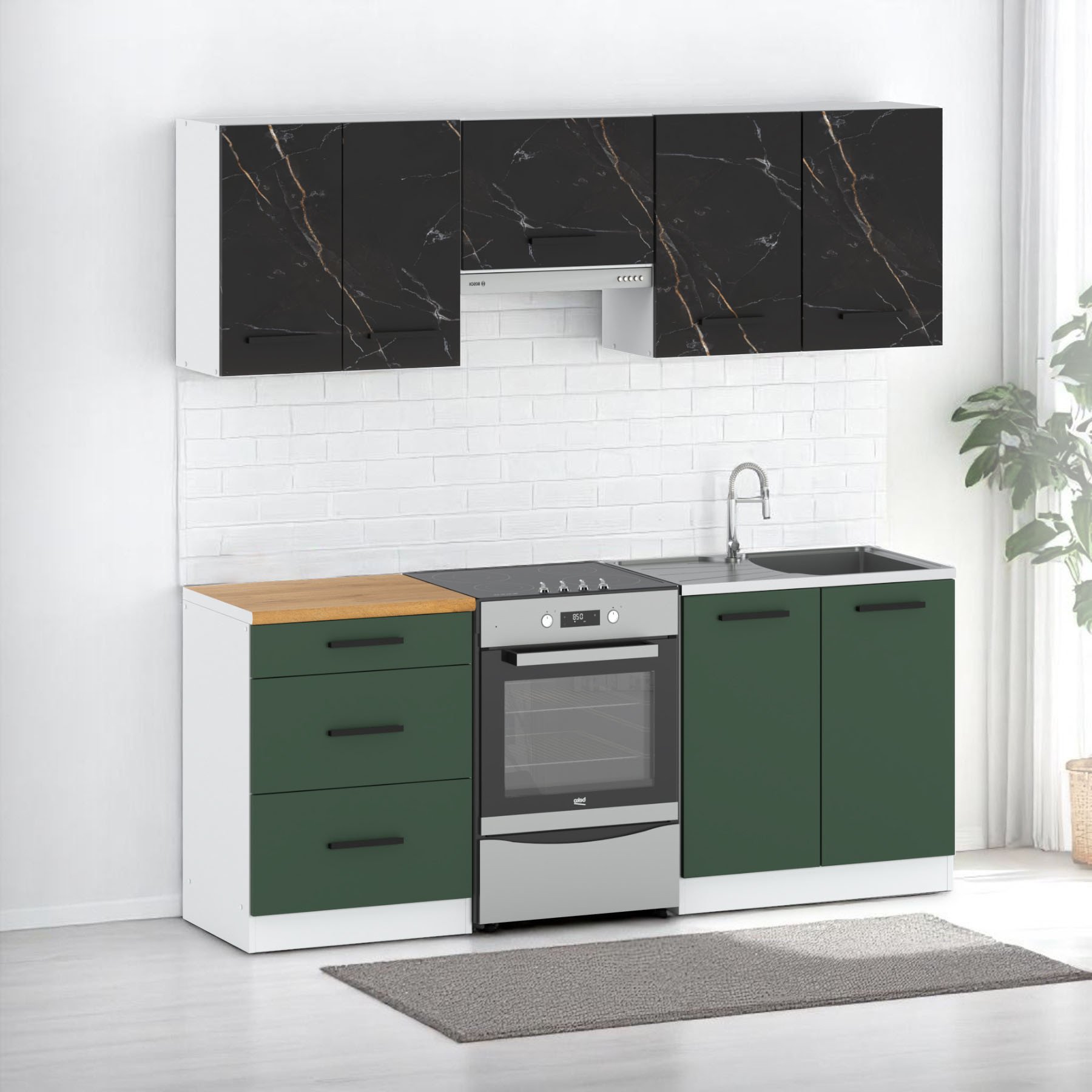 Kuchnia Mała Pojemna Mała Modułowa 2m Biały San Sebastian Butelkowa Zieleń