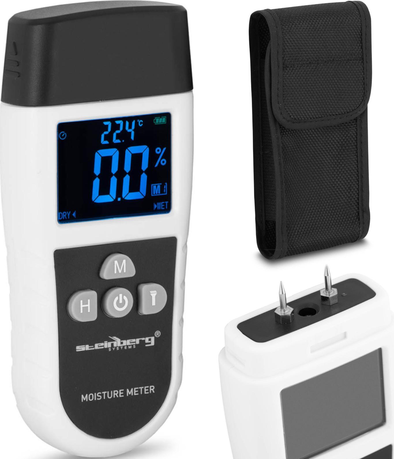 Steinberg Wilgotnościomierz miernik wilgotności z termometrem elektroniczny do drewna płyt betonu LED 5 - 70 % Wilgotnościomierz miernik wilgotności z