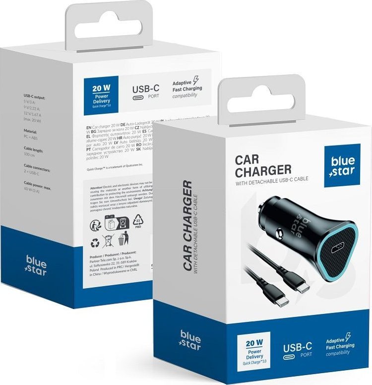 Ładowarka Blue Star BLUE STAR ładowarka samochodowa 3A 20W Typ C + kabel Typ C do Typ C PD QC3.0 AFC czarna