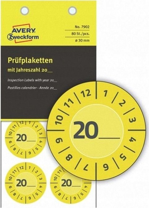 AVERY Gul inspektionsetiket Ø30 mm med årstal 20__ til selv at udfylde, Vinyl Gul - (10 ark x 8 stk.)