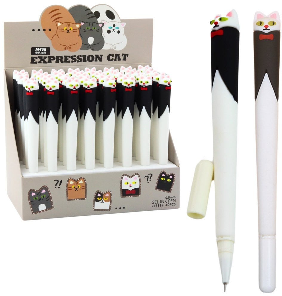 Długopis Żelowy Kot z Muchą Niebieski Tusz Zatyczka Czarno Biały 16,5cm LEAN