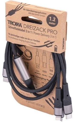 Kabel USB Troika Kabel ładujący Trójząb Pro, 1,2m, 3w1, czarny
