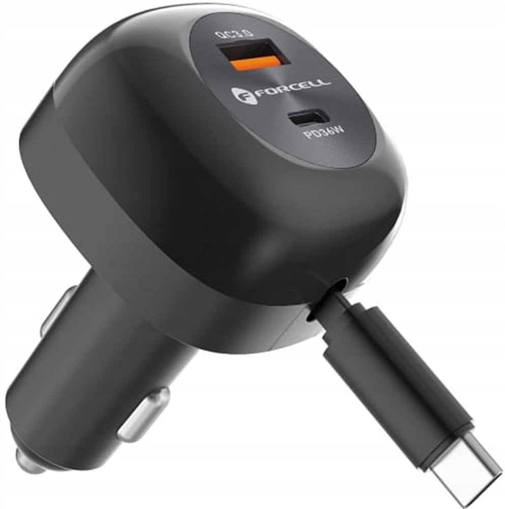 Ładowarka ForCell Ładowarka samochodowa F-Energy Alu USB C + USB A + zwijany kabel USB C PD QC4.0 SFC2.0 3A 75W czarna