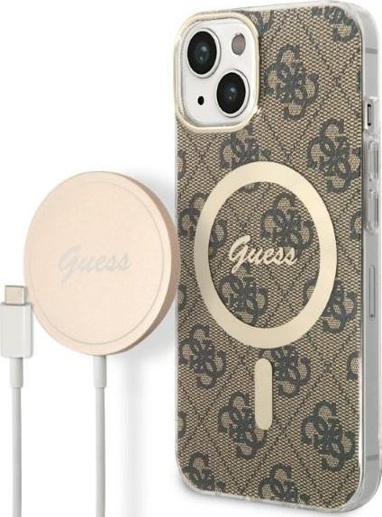 Guess Zestaw Guess GUBPP14MH4EACSW Case+ Charger iPhone 14 Plus 6,7" brązowy/brown hard case 4G Print MagSafe NoSize