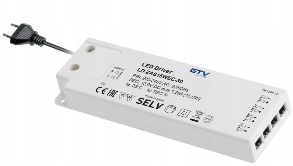 GTV Zasilacz LED SLIM EASY CLICK 12V,15W, input 220-240VAC, IP20, wymiary 129x42x16 mm z mini amp i przewód