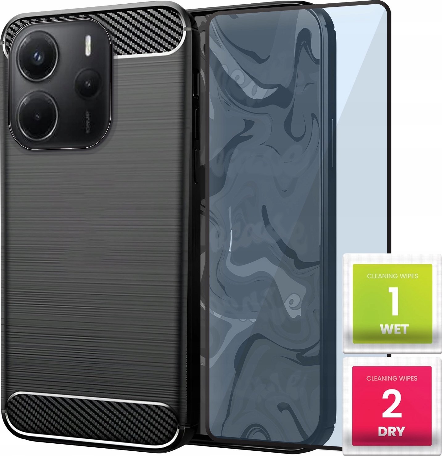 Etui do Xiaomi Redmi Note 14 5G (Czarne, Karbon, Pancerne, Case) Szkło 9H