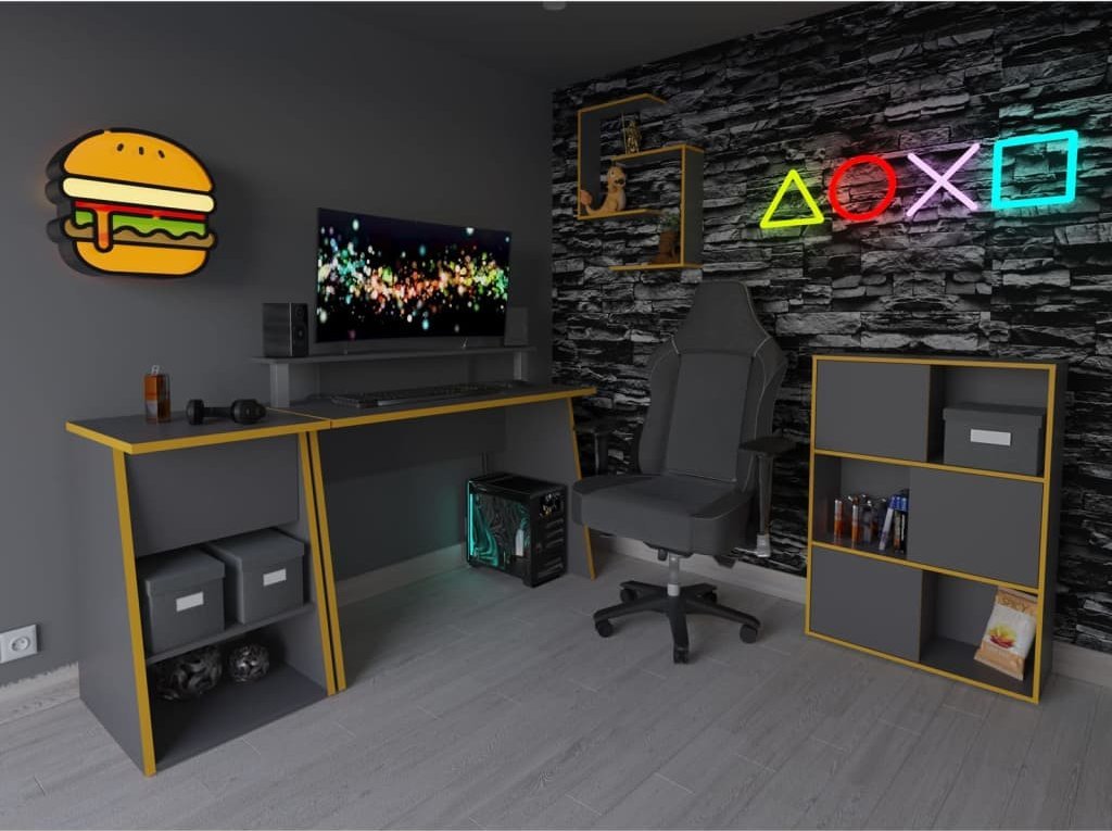 FMD FMD Gamingowy stolik boczny z 2 półkami, 49,4x50x77,7 cm, antracytowy