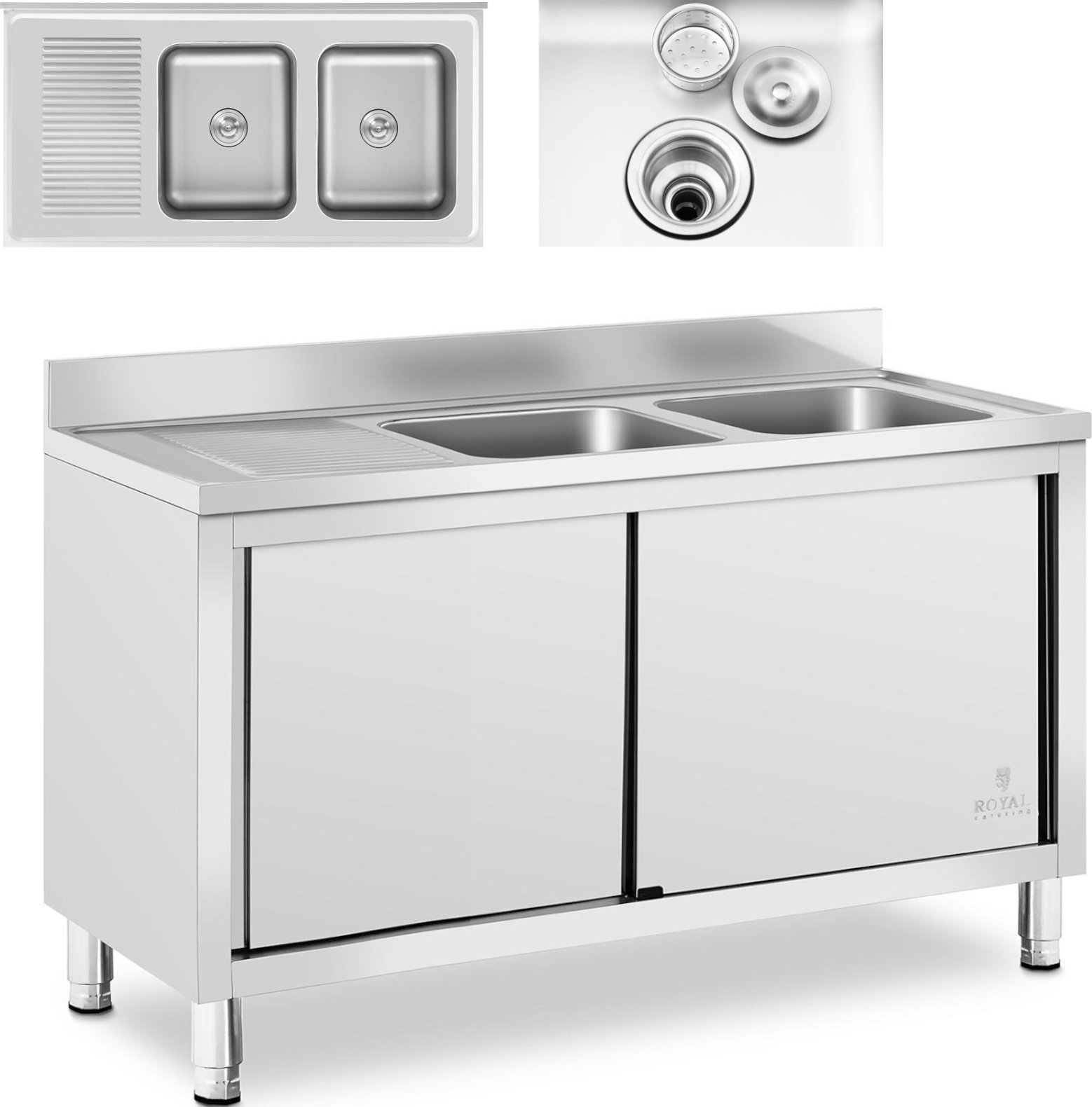 Royal Catering Zlew basen gastronomiczny dwukomorowy z szafką z drzwiami przesuwnymi 140 x 70 x 95 cm Zlew basen gastronomiczny dwukomorowy z szafką z