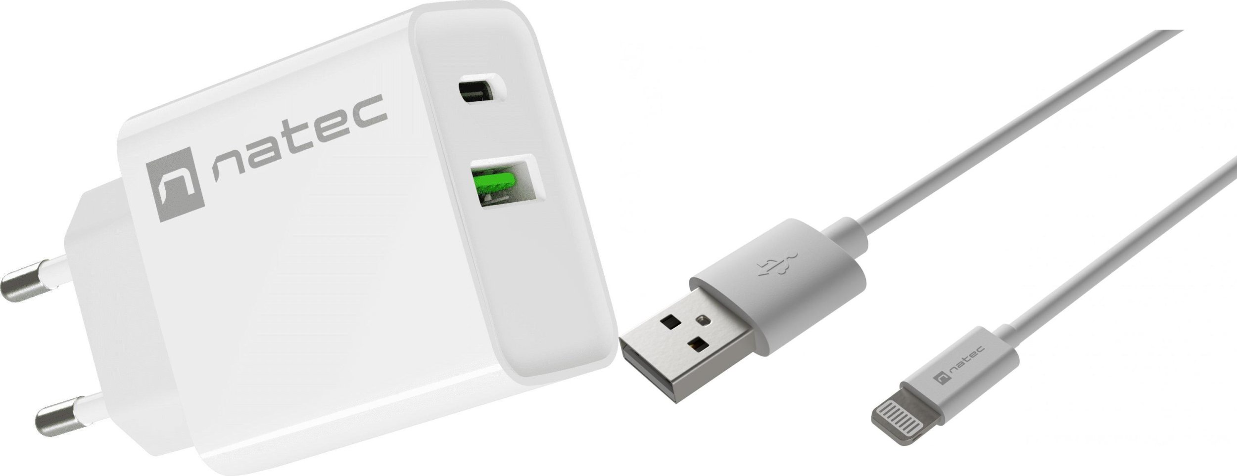 Ładowarka Natec Ribera 1x USB-A 1x USB-C 3 A (NUC-2061) + Kabel USB-A - Lightning 1 m Biały