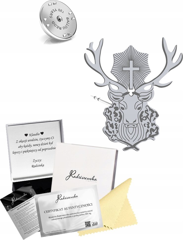 Radziszewska Jewellery Wpinka Srebrna Jeleń Świętego Huberta Pin Prezent Biżuteria 925 ŻYCZENIA