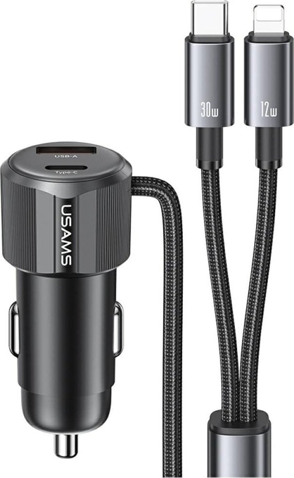 Ładowarka samochodowa USAMS YT Series CC287 66W 1xUSB-A 1xUSB-C + kabel 2w1 USB-C/Lightning tarnish