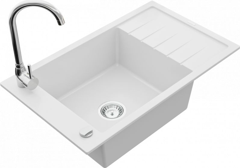 Zlewozmywak Mexen Elias granitowy 1-komorowy z ociekaczem i baterią kuchenną Telma, biały - 6511-20-670200-00