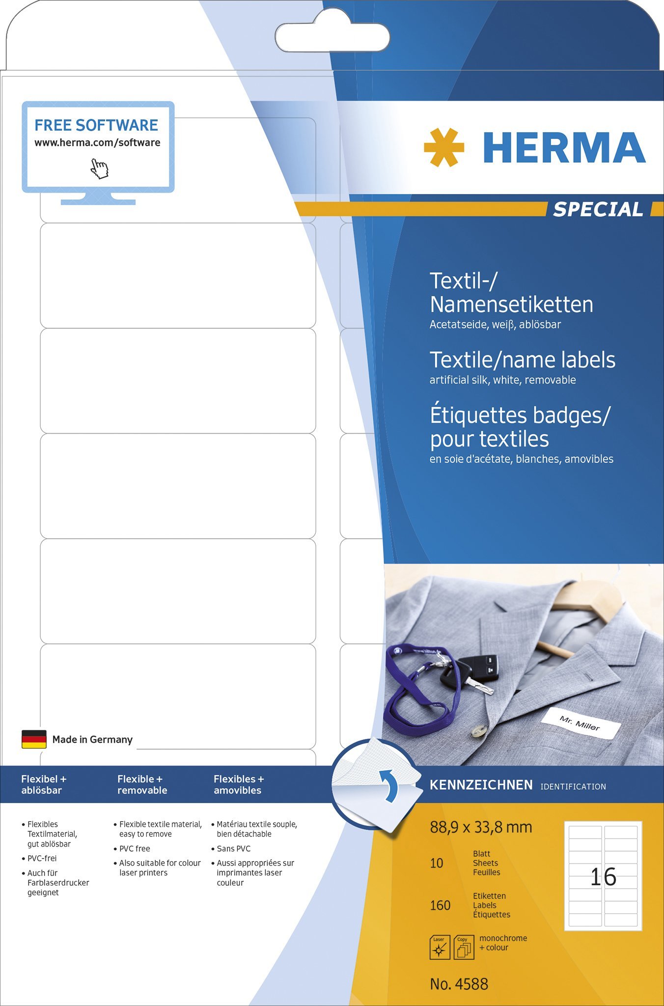 Herma HERMA Textil/Namensetiketten A4 88,9x 33,8mm weiss 160 St.