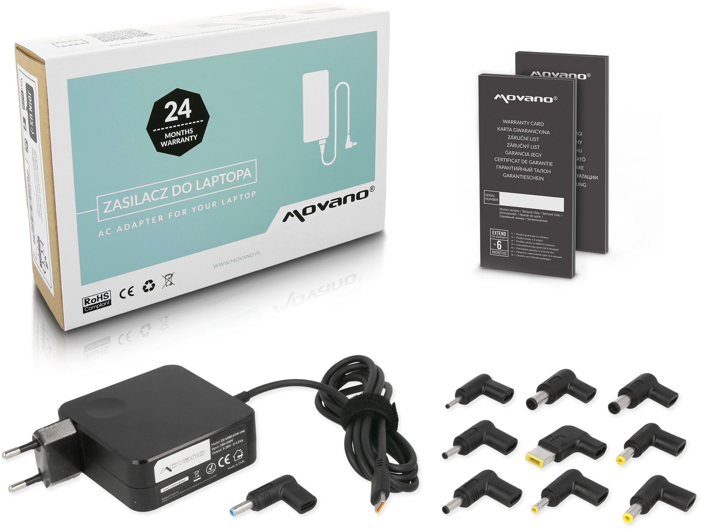 Zasilacz Movano uniwersalny 65W USB-C - 10 wtyków