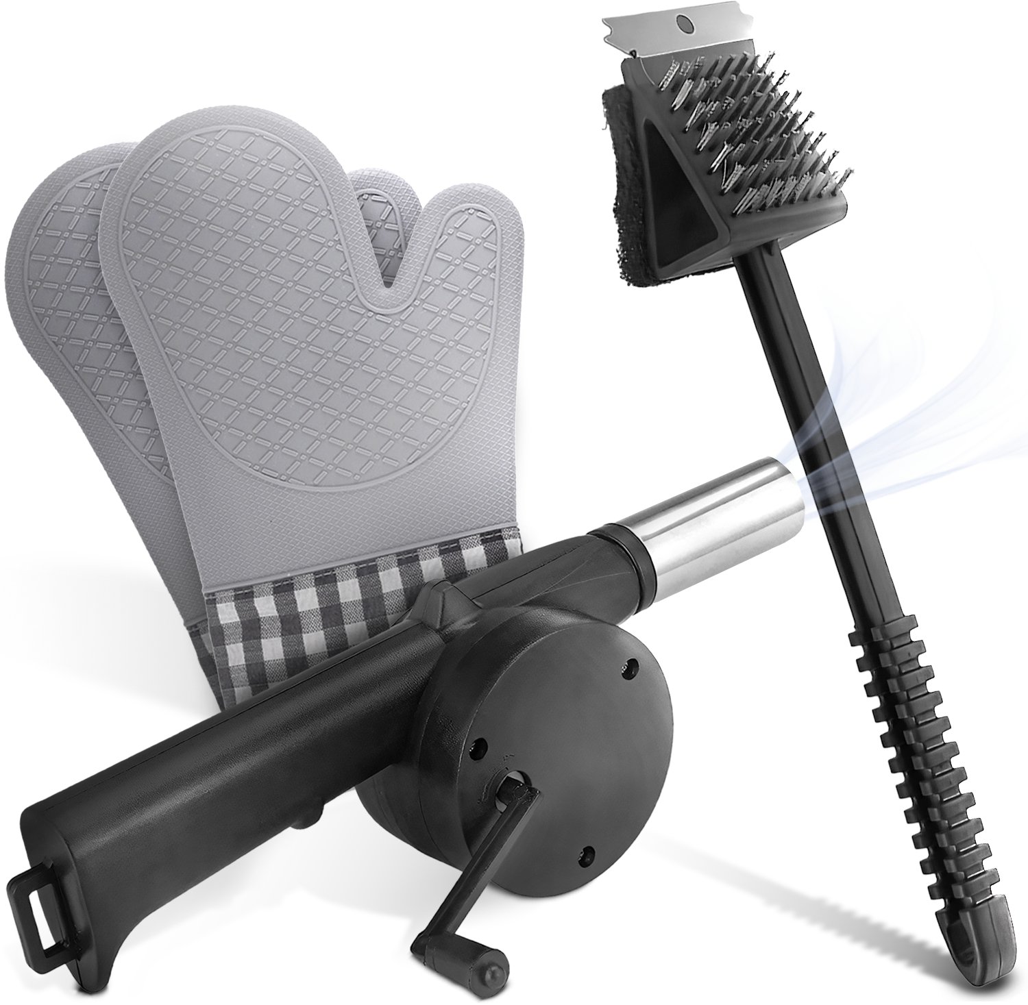 Akcesoria do grillowania Heckermann 3szt Dmuchawa Rękawice Czyścik rusztu