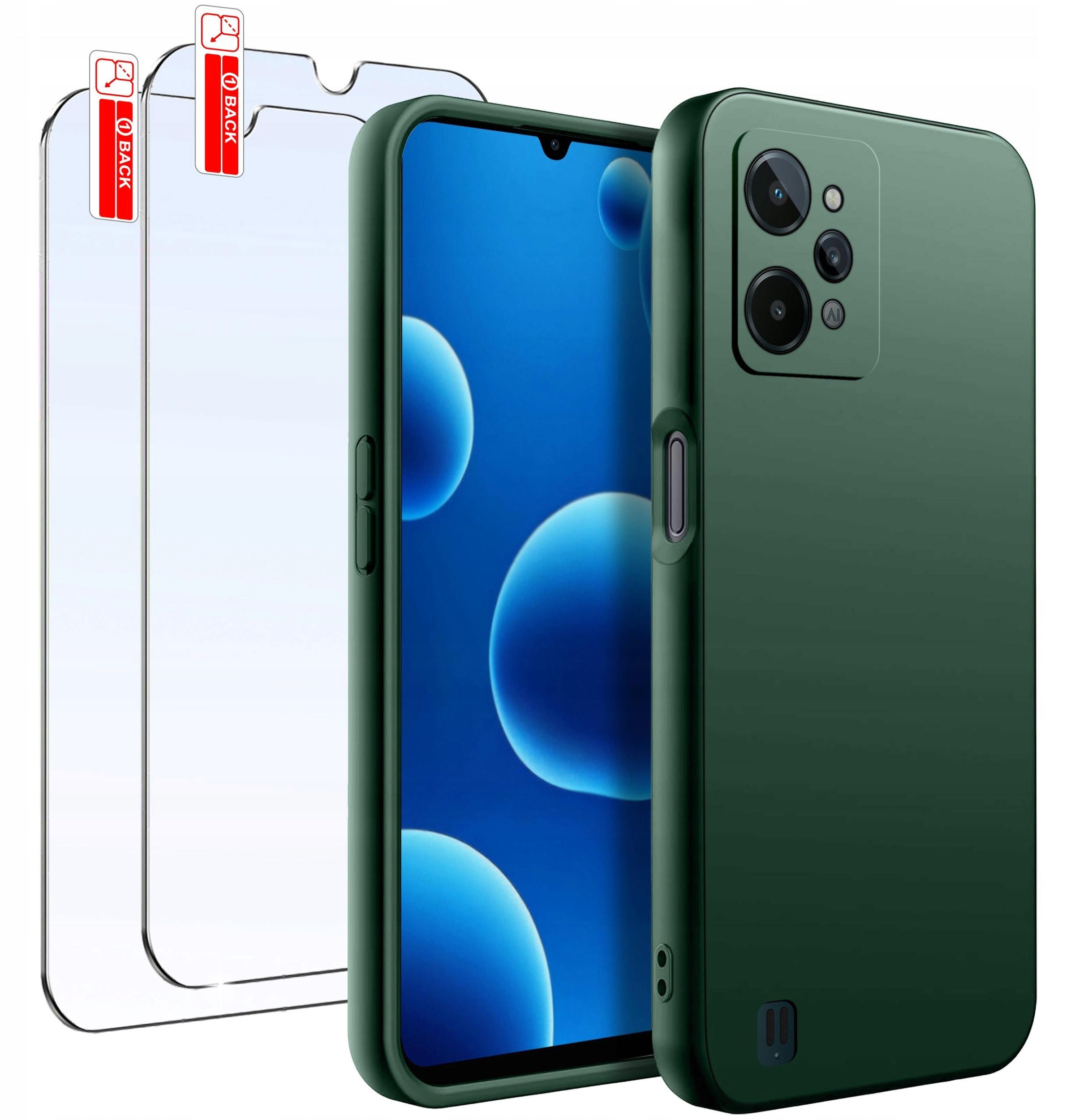 ZESTAW Etui do Realme C31 | Matowe Zielone Silikon Slim +2 SZTUKI SZKŁO