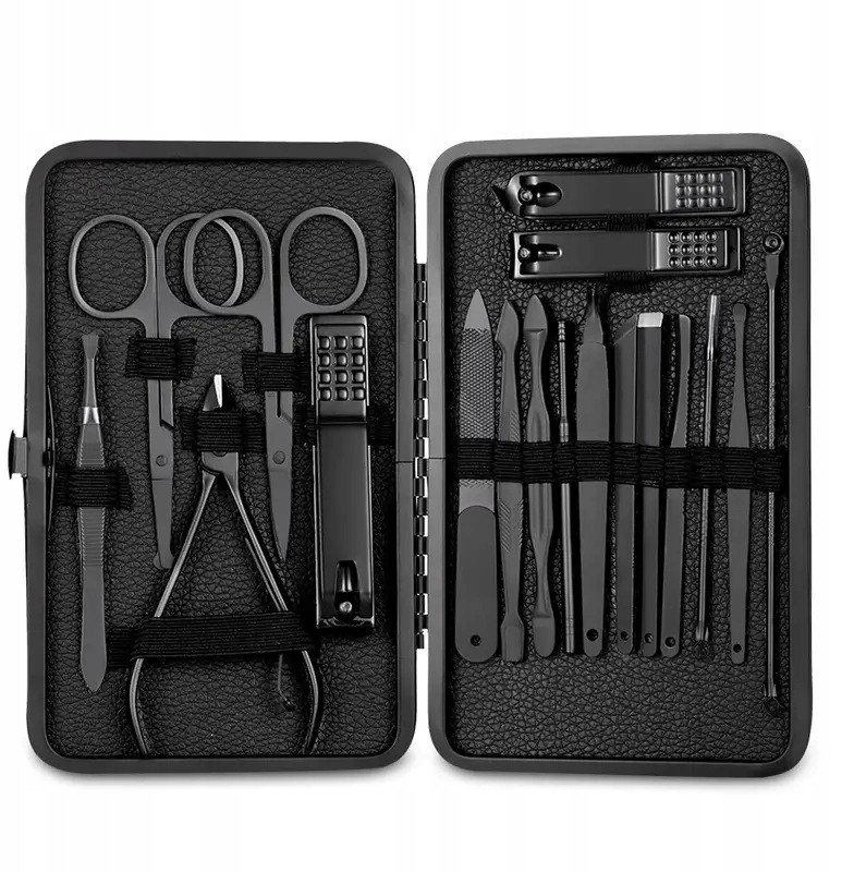 ZESTAW Manicure Pedicure Twarz PODRÓŻNY 18 ELEMENTÓW XXL Czarny MAT