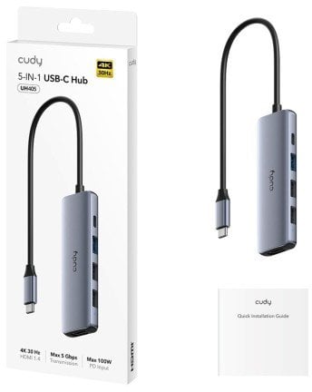 „Cudy UH405 PortMate USB-C 5-in-1“ šakotuvai, 4K HDMI, USB-C, PD, USB-A, 3.0, 2.0, aliuminio, pilkos spalvos