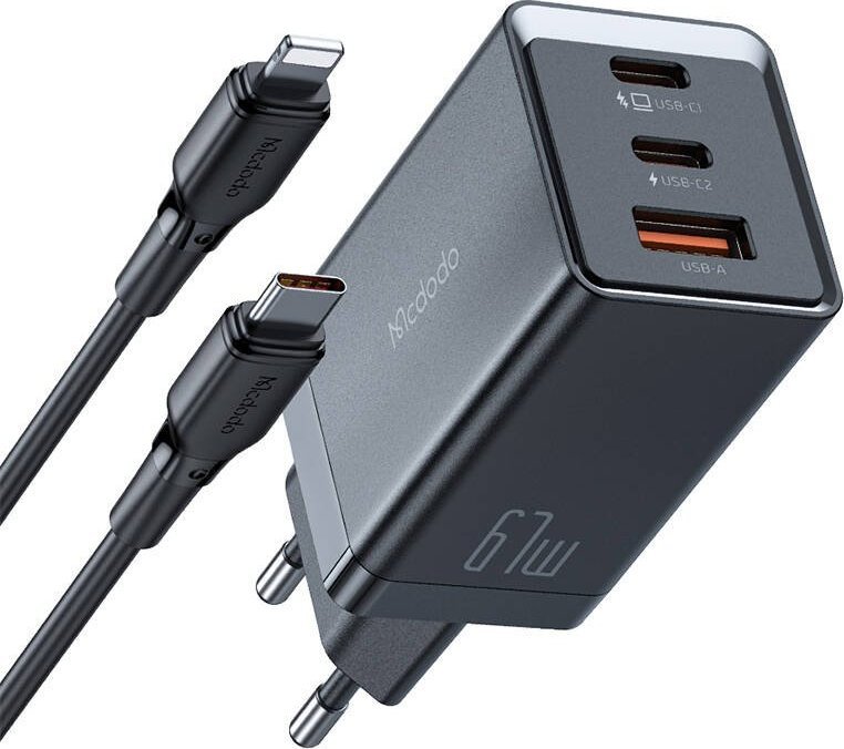 Ładowarka Mcdodo Ładowarka sieciowa GaN Mcdodo CH-1544, 2x USB-C, 1x USB, 67W + kabel USB-C do USB-C (czarna)