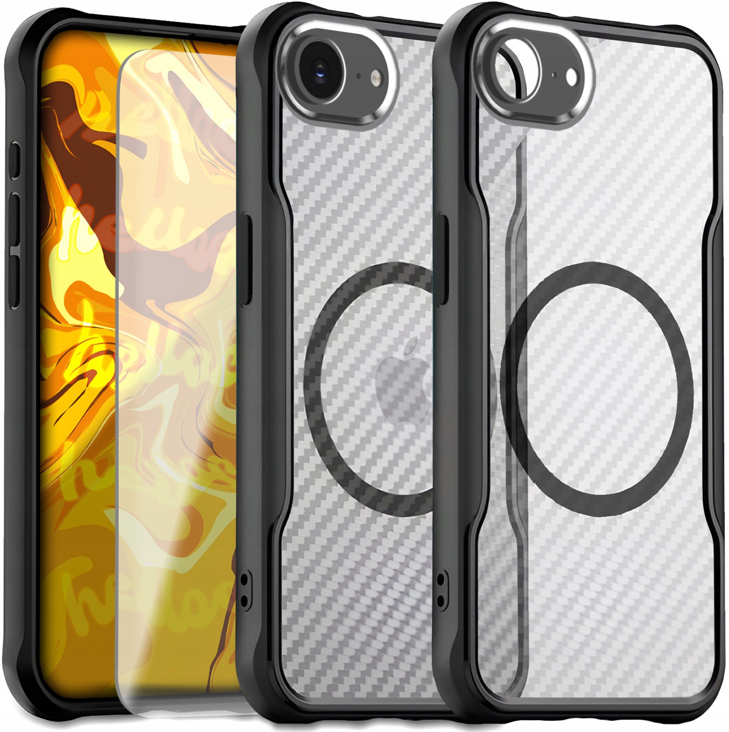 Etui Pancerne do Apple iPhone 16e (Do Magsafe, Karbon, Czarne) Szkło 9H