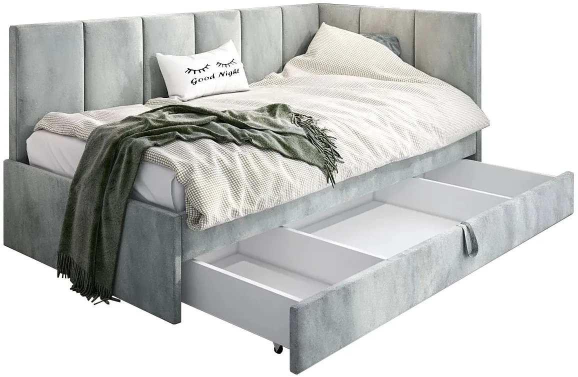 Łóżko młodzieżowe AURA 2 100x200 jasno szare z tapicerowanym panelem L i szufladą MKPOL