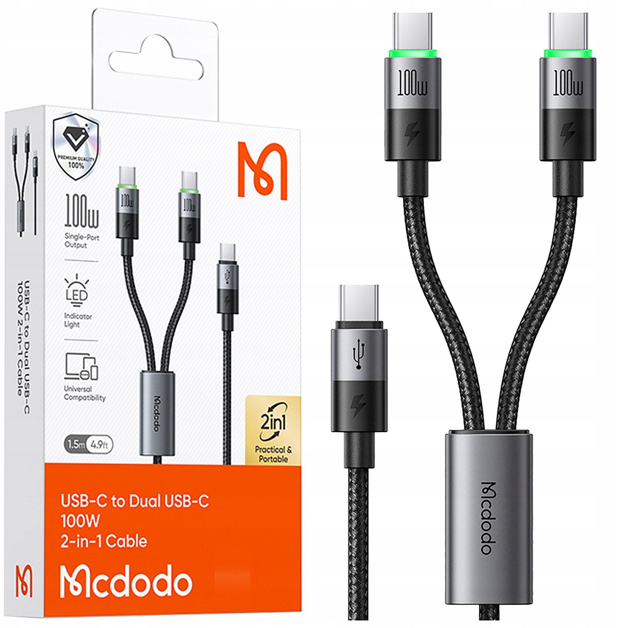 MCDODO KABEL USB-C 2W1 SZYBKIE ŁADOWANIE DO IPHONE MACBOOK LED 100W 2M