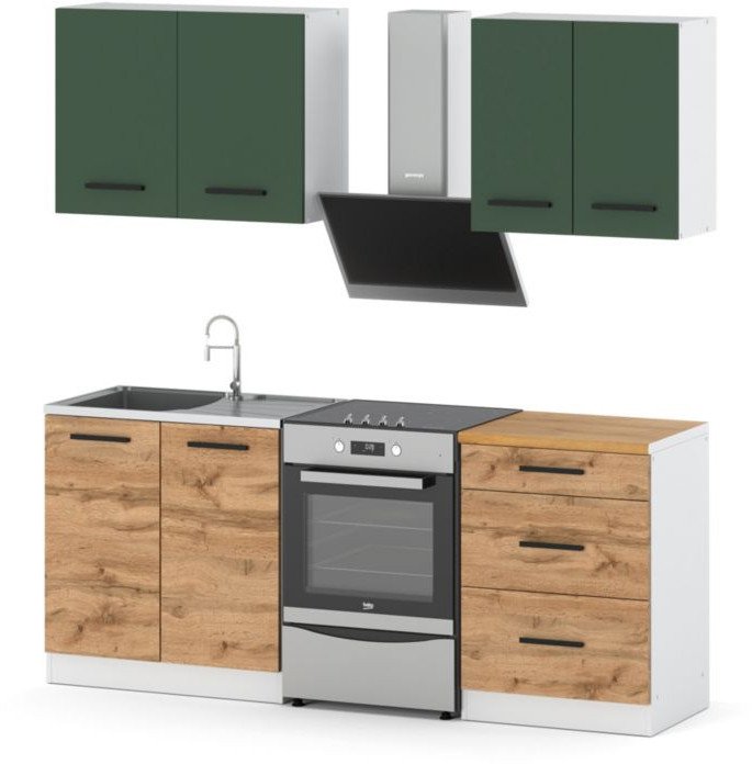 Zestaw kuchenny nowoczesny modułowy 2m biały butelkowa zieleń dąb wotan