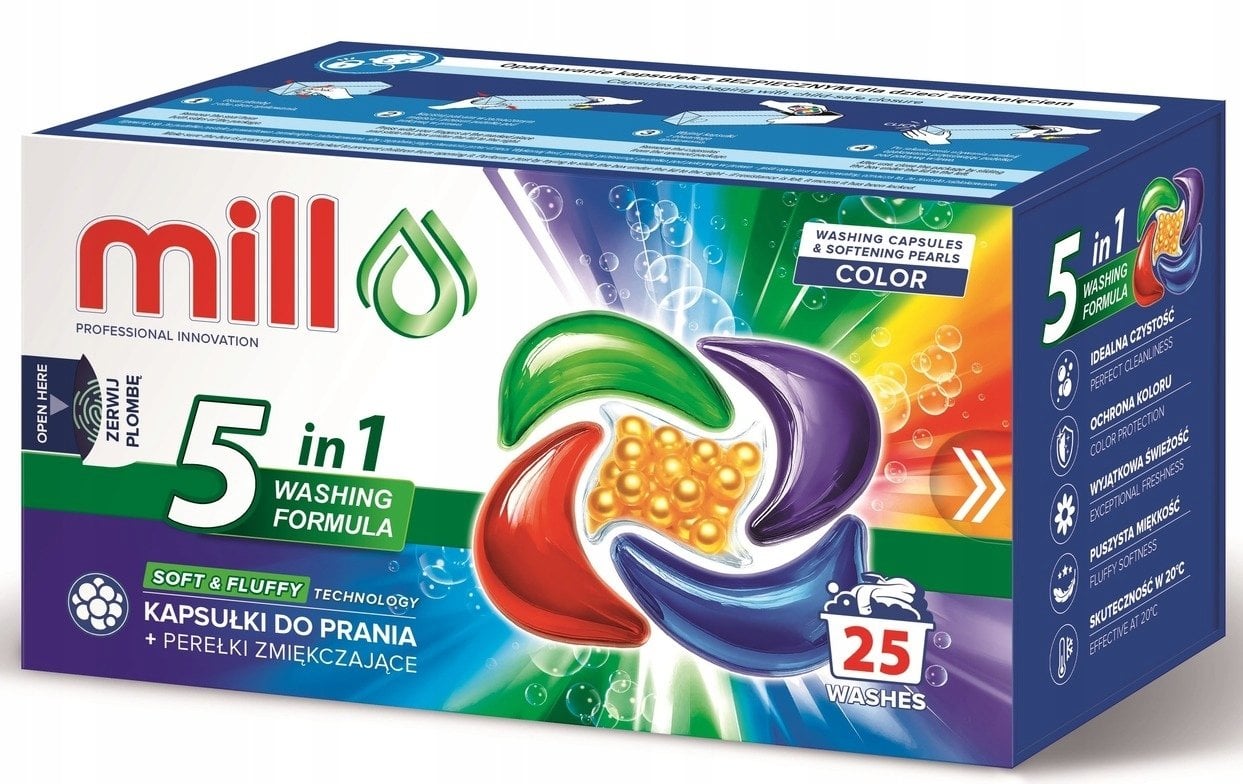Mill Kapsułki 5k do prania + perełki zmiękczające COLOR 25szt
