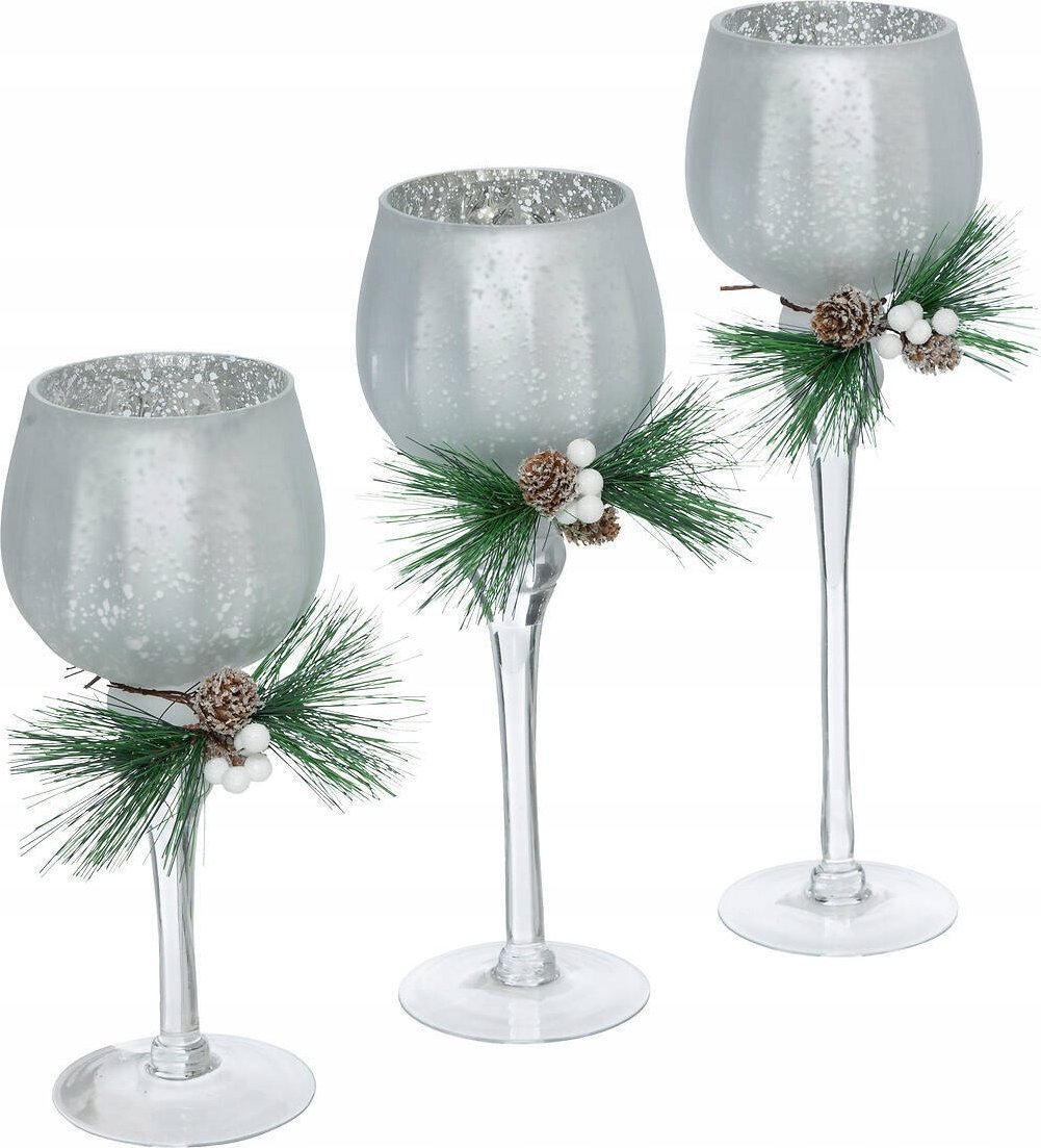 Atmosphera Szklany świecznik ze świąteczną gałązką, 3 sztuki
