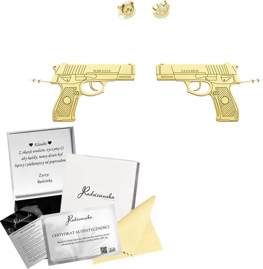 Radziszewska Jewellery Kolczyki Złote z Pistoletem Pistolet SREBRO 925 Prezent DEDYKACJA GRATIS