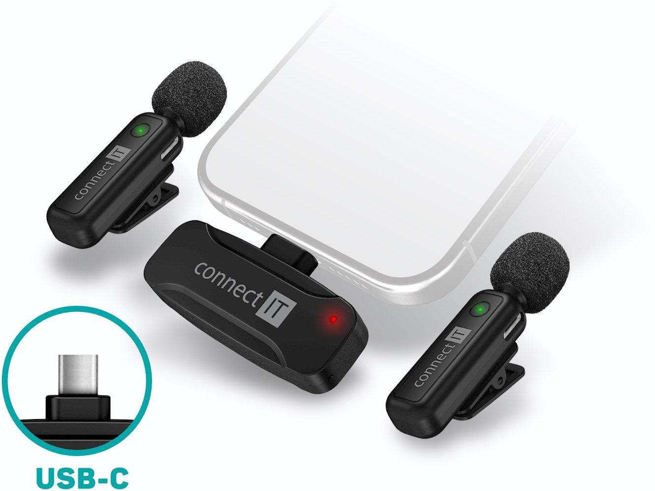 Mikrofon Connect IT Mikrofon ClipMic, Bezprzewodowy mikrofon lavalier z odbiornikiem, złącze USB-C, czarny