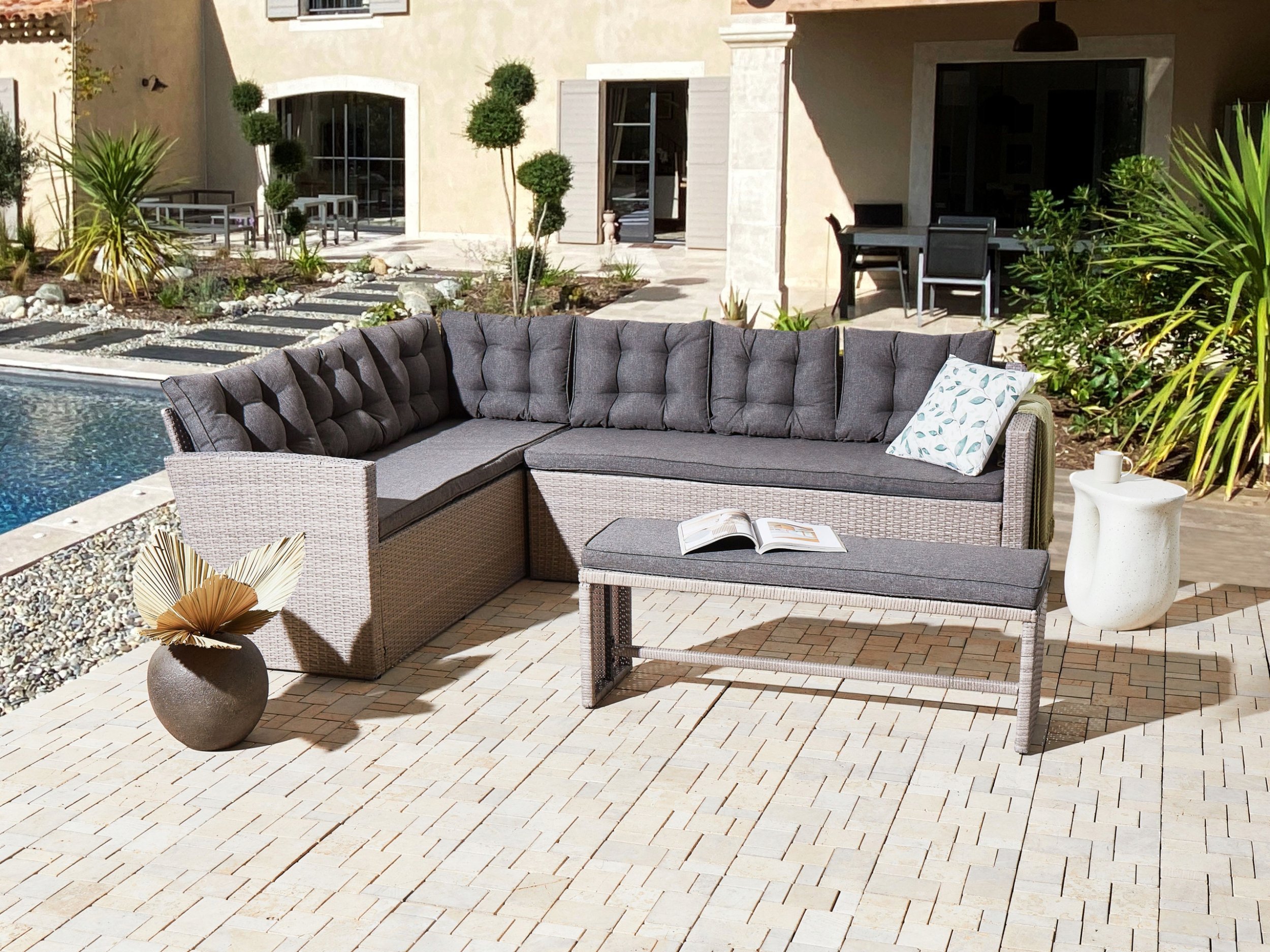 Sofa narożna ogrodowa z technorattanu 8 osobowa szara VITERBO